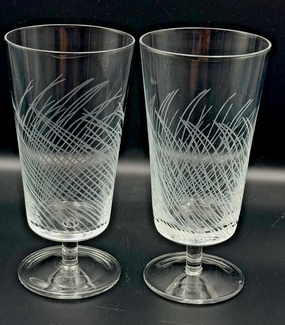 1970s Flat Bottom Short Stem Cocktail Water Glasses Hand Etched Lines Reeds Set